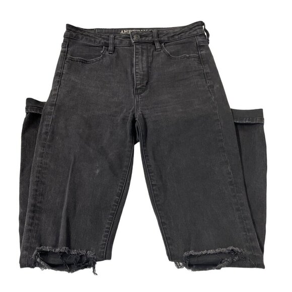 American Eagle Black Denim Jeans Distressed Super Stretch Jegging Size 6 - Picture 1 of 7